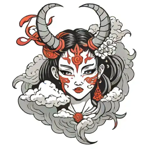 Anime girl with red horns Japanese mask surrounded by clouds tattoo design idea