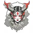 Anime girl with red horns Japanese mask surrounded by clouds tattoo design idea