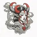 Anime girl with red horns Japanese mask surrounded by clouds tattoo design idea