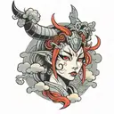 Anime girl with red horns Japanese mask surrounded by clouds tattoo design idea