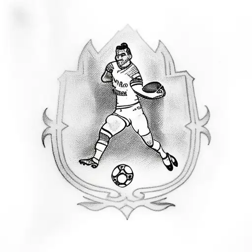 A traditional-style tattoo of a football player wearing an Arsenal London jersey, with Ramenskoye city landmarks in the background tattoo design idea