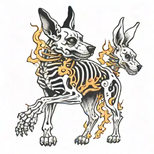 skeleton dog playing with skeleton rabbit surrounded by flames tattoo design idea