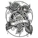 negative space lettering "legacy" with roses background. black and white tattoo design idea