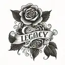 negative space lettering "legacy" with roses background. black and white tattoo design idea
