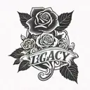 negative space lettering "legacy" with roses background. black and white tattoo design idea