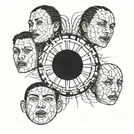 7 cracked faces of the same person showing different emotions while the face  in the middle has 7 cracks in a circle  tattoo design idea