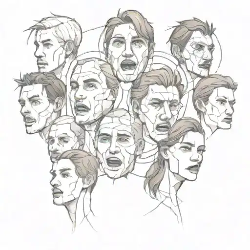7 cracked faces of the same person showing different emotions while the face  in the middle has 7 cracks in a circle   tattoo design idea