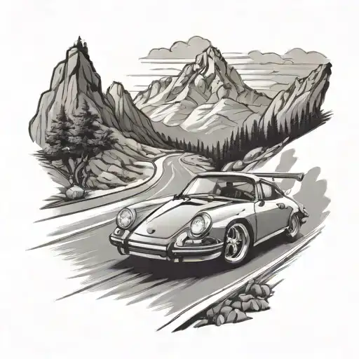mountain road with porsche car driving tattoo design idea