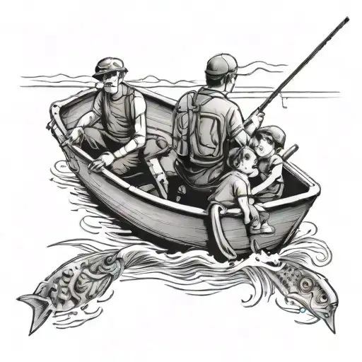 a kid on a jon boat fishing with his grandpa, dad and 2 brothers  tattoo design idea