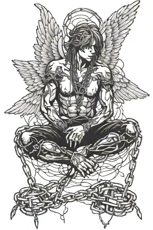 Fallen angel bound in chains with one cuff broken tattoo design idea