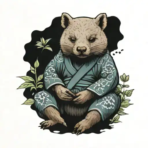 wombat in jui jitsu gi sitting in garden tattoo design idea