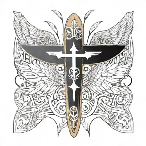 a sandy beach with a surfboard on it, above it there are angel wings with a christian cross tattoo design idea