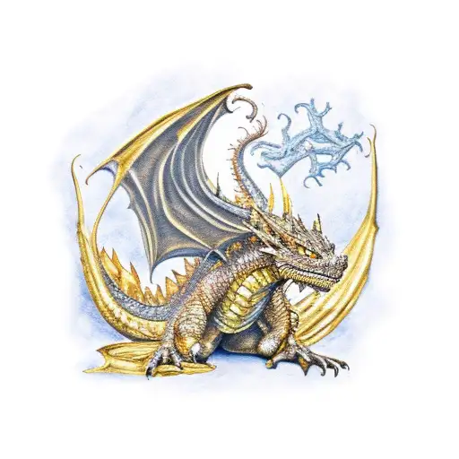 Smaug the dragon from Peter Jackson film "The Hobbit" spreading his wings sitting on his gold hoard  tattoo design idea