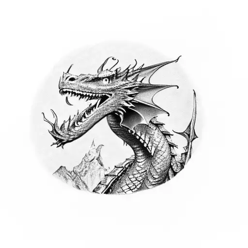 Smaug the dragon from Peter Jackson film "The Hobbit" spreading his wings sitting on his gold hoard  tattoo design idea