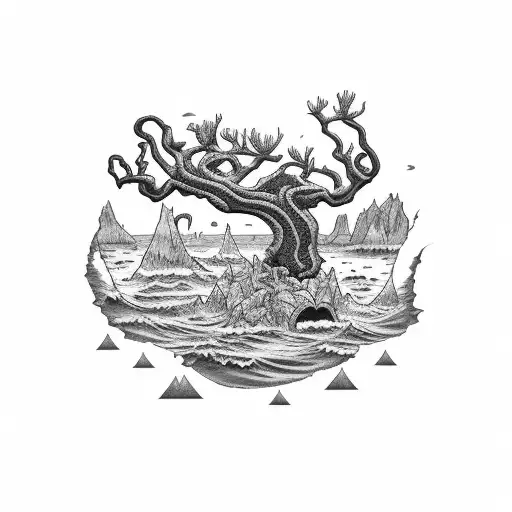 A blackwork tattoo depicting a coastal landscape with mysterious creatures emerging from the sea tattoo design idea