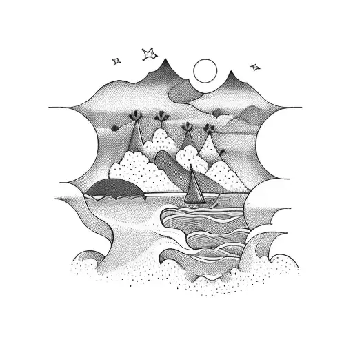 A blackwork tattoo depicting a coastal landscape with mysterious creatures emerging from the sea tattoo design idea