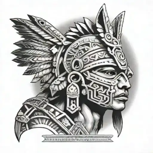 Mexican Aztec warrior with pyramids and animal tattoo design idea