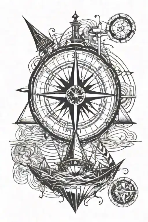 Tattoo of a melting marine compass, inside sailing yacht into the sunset, black and white geometric tattoo design idea