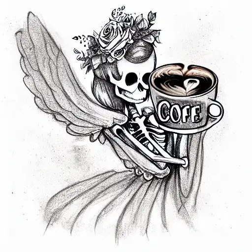 Skeleton with black angel wings wearing a rose headband and holding a coffee cup tattoo design idea