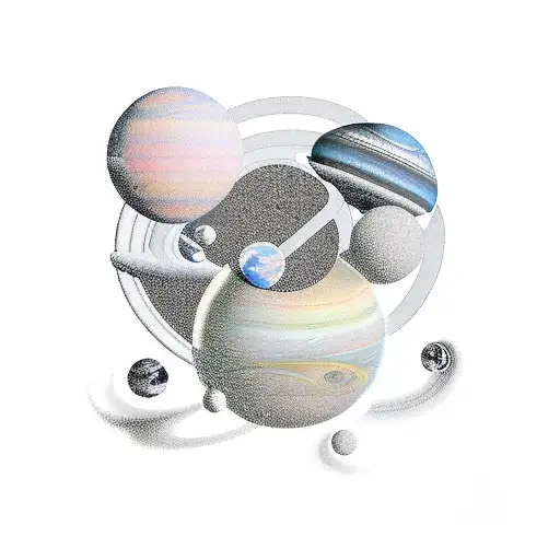 Father and three children sitting on Saturn's rings tattoo design idea