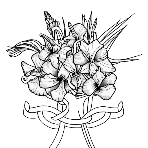 A half sleeve tattoo featuring a minimalist design of gladiolus flowers intertwined with architectural blueprints, symbolizing the balance between strength and organization. tattoo design idea
