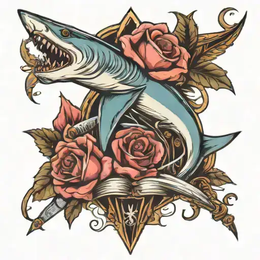 sword, shark and rose growing tattoo design idea