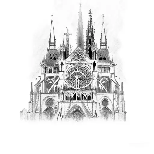 The gloomy Gothic Cathedral of Notre-Dame in Paris, engulfed in bright flames  tattoo design idea