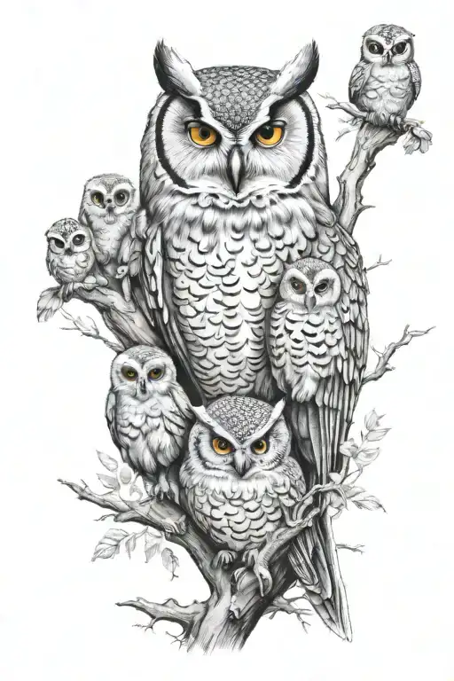 owl with baby owls under its wings tattoo design idea