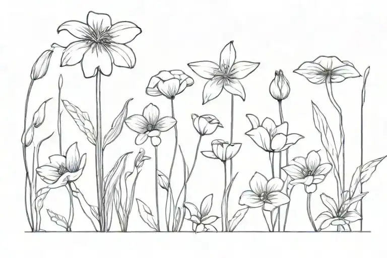 garden with mushrooms, lilies, gardenias, sunflowers, daisies, tulips, orchids, of different heights and thin stems tattoo design idea