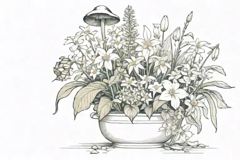 garden with mushrooms, lilies, gardenias, sunflowers, daisies, tulips, orchids, of different heights and thin stems tattoo design idea