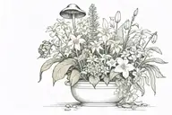 garden with mushrooms, lilies, gardenias, sunflowers, daisies, tulips, orchids, of different heights and thin stems tattoo design idea