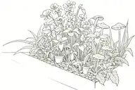 garden with mushrooms, lilies, gardenias, sunflowers, daisies, tulips, orchids, of different heights and thin stems tattoo design idea