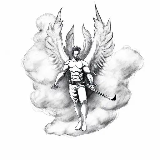 male Angel coming out of clouds with sword tattoo design idea