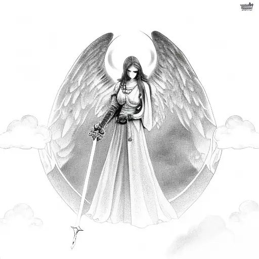Angel with clouds and sword tattoo design idea