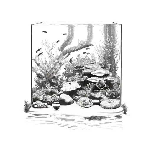 A detailed sketch of an aquarium tank with fish and aquatic plants tattoo design idea