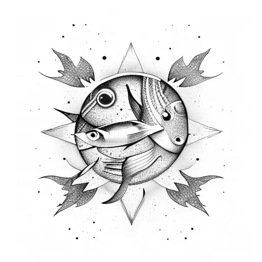 A surreal scene of fish floating in space, surrounded by stars and galaxies tattoo design idea