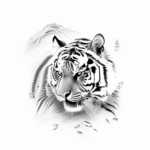 A majestic tiger emerging from a sea of swirling paintbrushes tattoo design idea
