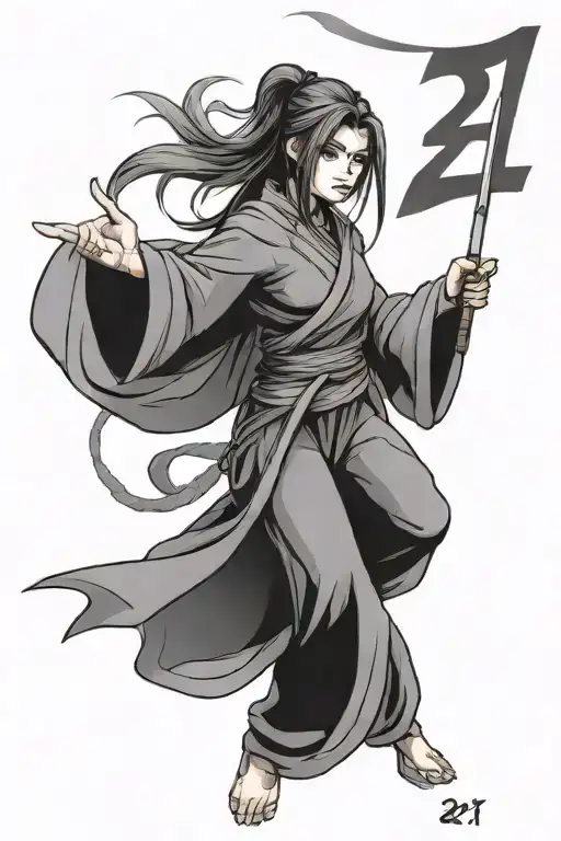 A ninja girl with long flowing hair in a black and grey style, holding a scroll with the number 21 written on it tattoo design idea