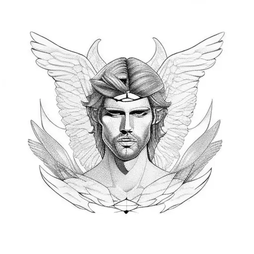 Angel masculino con alas abiertas, musculoso, torso desnudo, las alas bien definidas tattoo design idea