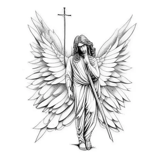 Angel con alas abiertas, musculoso, crucificado  tattoo design idea