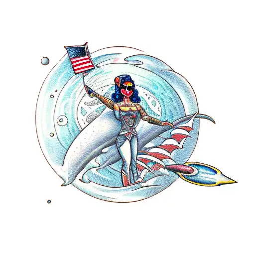 In the style of sailor jerry create a beautiful alien girl riding a rocket in space tattoo design idea
