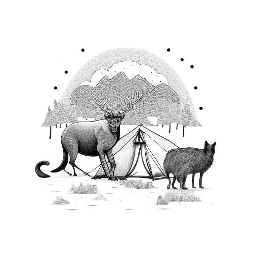 camping and animals tattoo design idea