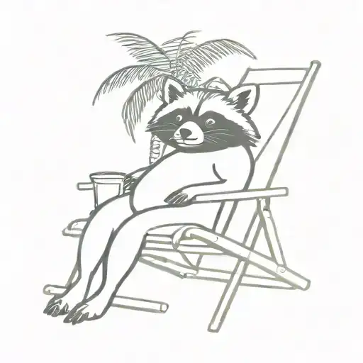 simple fat raccoon sitting in a beach chair under a palm tree with a drink tattoo design idea