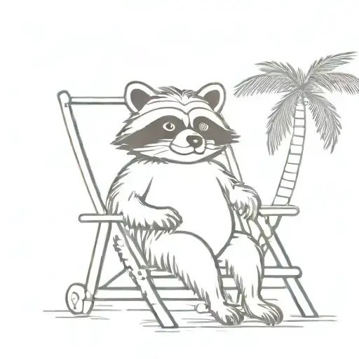 simple fat raccoon sitting in a beach chair under a palm tree with a drink tattoo design idea