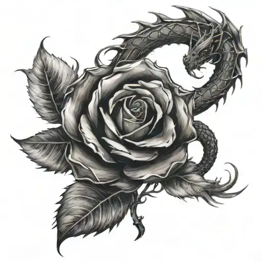 black rose and a dragon wrapped loosely    tattoo design idea