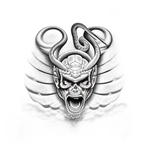 an muscular angel cutting a snake head tattoo design idea