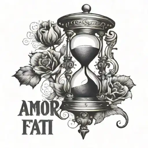the phrase "amor fati" with an hourglass tattoo design idea