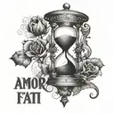 the phrase "amor fati" with an hourglass tattoo design idea