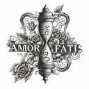 the phrase "amor fati" with an hourglass tattoo design idea