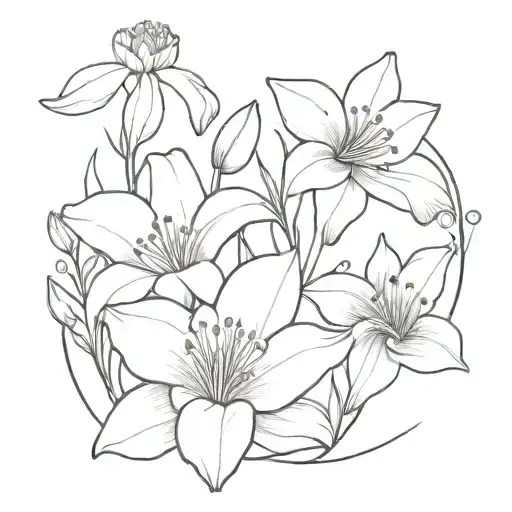A bouquet with these four flowers: Lily, Rose, Daffodil, and Poppy. tattoo design idea